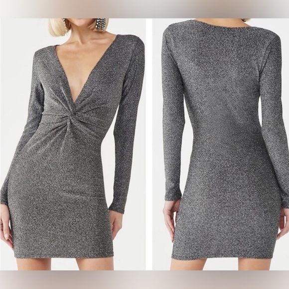 Zara Metallic Silver Glitter Lurex Plunge Twisted Front Mini Dress size Small - Picture 1 of 10